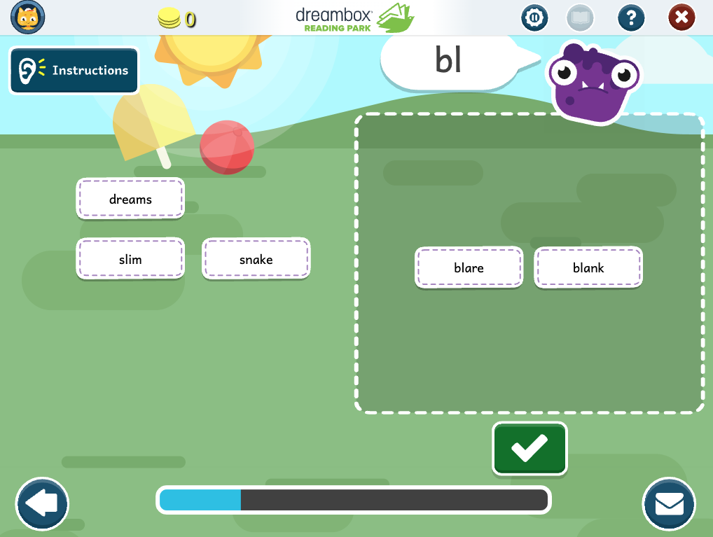 Screenshot of Phonics: Blends: Collecting bl_, cl_, and fl_ Words (Text to Text)