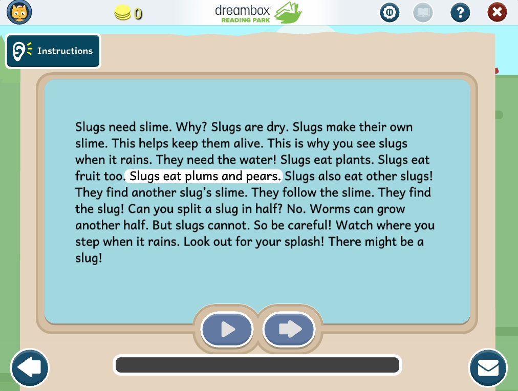 Screenshot of Fluency and Comprehension: Reading to Support Inital Blends pl_, sl_, and spl_: “Slugs Need Slime” (Non-Fiction)